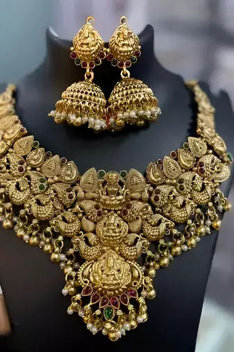 Bridal temple jewelry set – gold-plated goddess lakshmi necklace with jhumkas