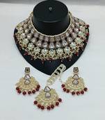 Kundan bridal jewelry set - maroon & crystal choker with earrings & maang tikka - traditional gold-plated wedding set