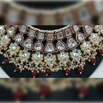 Kundan bridal jewelry set - maroon & crystal choker with earrings & maang tikka - traditional gold-plated wedding set 2
