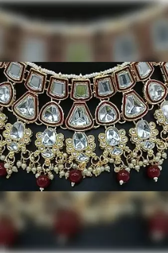 Kundan bridal jewelry set - maroon & crystal choker with earrings & maang tikka - traditional gold-plated wedding set