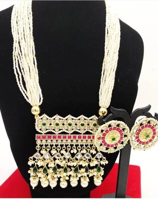 Rajasthani long Necklace :: - traditional gold-plated kundan with red and green stones - bridal wedding jewelry set 1