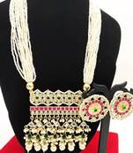 Rajasthani long necklace - traditional gold-plated kundan with red and green stones - bridal wedding jewelry set