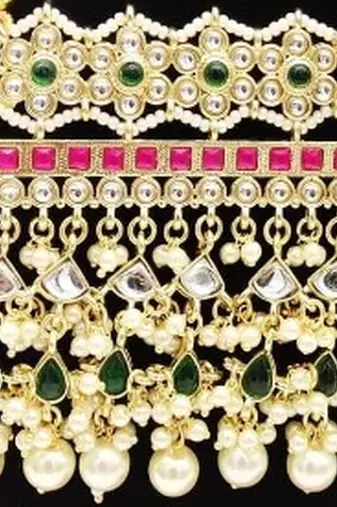 Rajasthani long Necklace :: - traditional gold-plated kundan with red and green stones - bridal wedding jewelry set