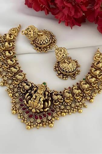 Antique gold lakshmi temple choker set - traditional south indian necklace with matching jhumkas
