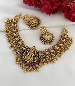Antique gold lakshmi temple choker set - traditional south indian necklace with matching jhumkas