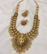 Antique gold-plated temple necklace set with pearl  | traditional south indian wedding jewelry with chandbali earrings