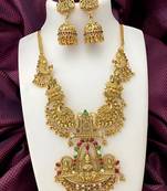 Traditional temple lakshmi design gold-plated necklace with jhumka earrings | antique finish south indian jewelry set