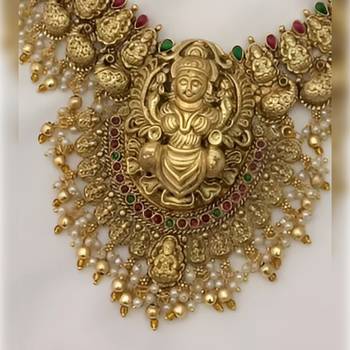 Antique gold-plated temple necklace set with pearl  | traditional south indian wedding jewelry with chandbali earrings 2