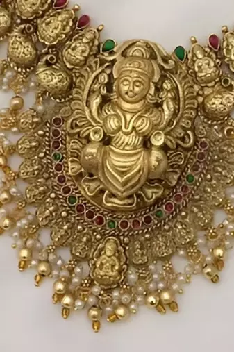 Antique gold-plated temple necklace set with pearl  | traditional south indian wedding jewelry with chandbali earrings