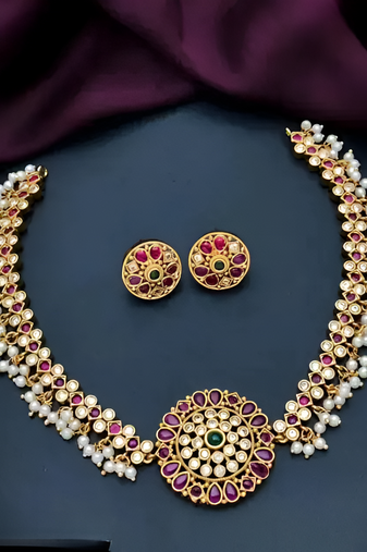 Traditional kundan & pearl choker necklace set – ruby & emerald accents