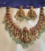 Temple jewelry set - antique gold-plated necklace and earrings with ruby pink stones & mint green beads