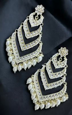 Elegant layered kundan pearl earrings - handcrafted multi-tier chandbaali jhumkas - bridal wedding statement jewelry 1