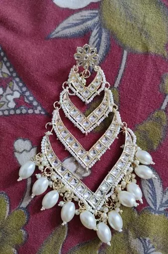 Elegant layered kundan pearl earrings - handcrafted multi-tier chandbaali jhumkas - bridal wedding statement jewelry