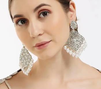 Luxurious white chandelier earrings - traditional indian statement jewelry for wedding & festival elegance 1