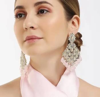 Luxurious pink chandelier earrings - traditional indian statement jewelry for wedding & festival elegance 1