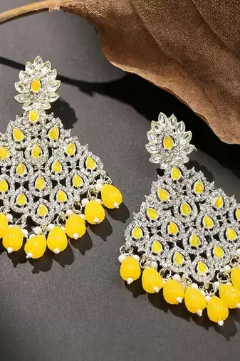 Luxurious yellow chandelier earrings - traditional indian statement jewelry for wedding & festival elegance