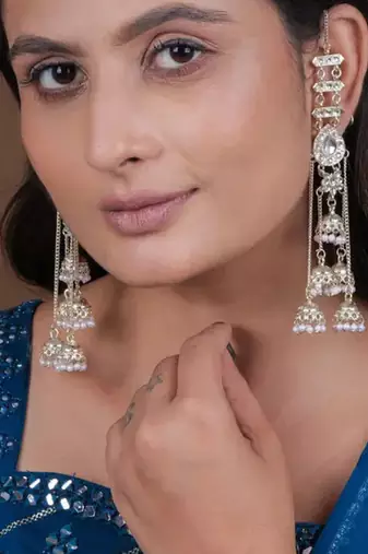 Silver kashmiri jhumka earrings - traditional pearl drop chandelier earrings for wedding & festival wear