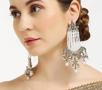 Victorian pearl tassel earrings - vintage-inspired silver chandelier earrings for wedding & festive wear 1