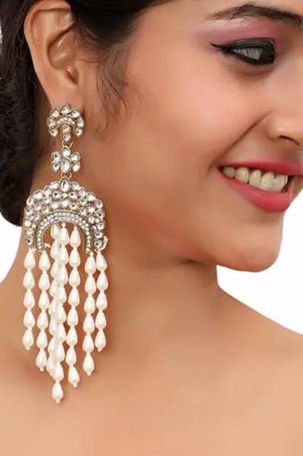 Elegant kundan pearl waterfall earrings - bridal chandelier earrings for wedding & festive occasions