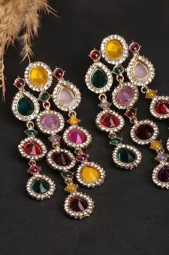 Luxurious multicolor cascade earrings - crystal-embellished statement earrings for wedding & festival glamour