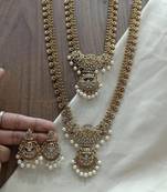 Antique temple design bridal necklace set with chandbali earrings - pearl embellished gold-plated traditional jewelry