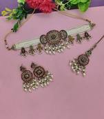 Gold-plated choker necklace set with earrings & maang tikka – ethnic bridal jewelry for weddings, festivals & parties