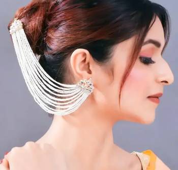 Pearl cascade ear cuff and hair chain | bridal white beaded statement earrings 1