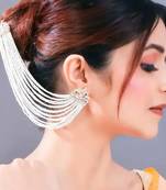 Pearl cascade ear cuff and hair chain | bridal white beaded statement earrings