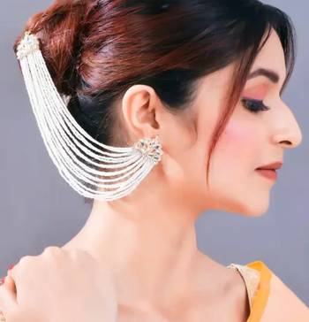 Pearl cascade ear cuff and hair chain | bridal white beaded statement earrings 2