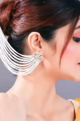Pearl cascade ear cuff and hair chain | bridal white beaded statement earrings