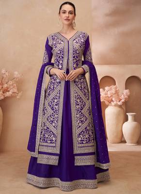 Violet chinon silk embroidered suit 1
