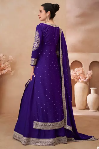 Violet chinon silk embroidered suit