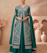 Teal green chinon silk embroidered suit