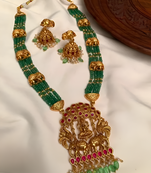 Emerald temple jewelry set | antique gold lakshmi pendant necklace with elephant motifs