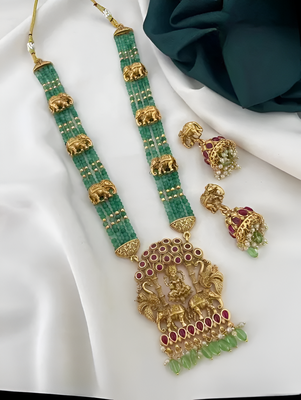 Emerald temple jewelry set | antique gold lakshmi pendant Necklace :: with elephant motifs 2