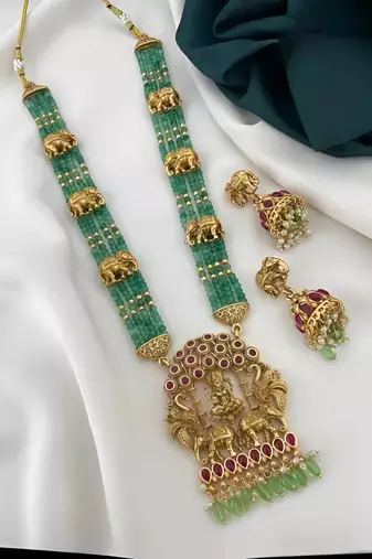 Emerald temple jewelry set | antique gold lakshmi pendant Necklace :: with elephant motifs