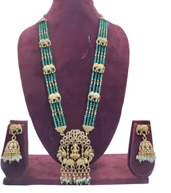 Emerald temple jewelry set | antique gold lakshmi pendant Necklace :: with elephant motifs 3