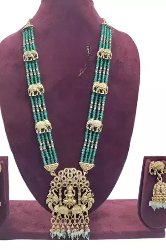 Emerald temple jewelry set | antique gold lakshmi pendant Necklace :: with elephant motifs