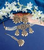 Elegant champagne pearl choker jewelry set with tikka - antique finish bridal collection