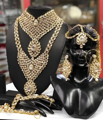 Bridal kundan jewelry set for women traditional gold-plated indian Necklace ::,earrings, maang tikka, hathphool & nath 1