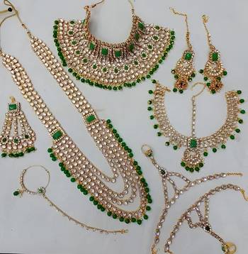 Royal indian bridal kundan jewelry set with green beads handcrafted gold-plated full dulhan set for wedding & festivals 2