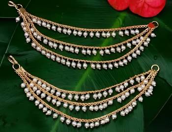 Elegant pearl ear chain earrings traditional indian bahubali kaan chain | ethnic handcrafted gold-plated bridal jewelry 1
