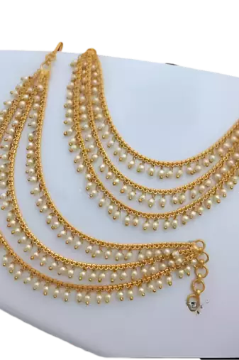 Elegant pearl ear chain earrings traditional indian bahubali kaan chain | ethnic handcrafted gold-plated bridal jewelry
