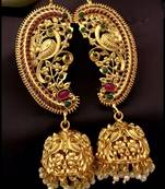 Antique gold peacock temple jhumka earrings ruby & emerald traditional earrings  handcrafted south indian bridal jewelry