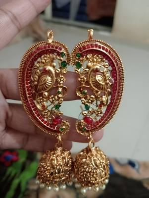 Antique gold peacock temple jhumka earrings ruby & emerald traditional earrings  handcrafted south indian bridal jewelry 2
