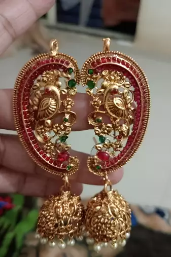 Antique gold peacock temple jhumka earrings ruby & emerald traditional earrings  handcrafted south indian bridal jewelry