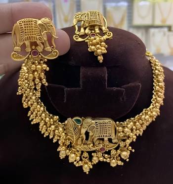 Traditional gold-plated elephant choker & earrings set - handcrafted pearl temple jewelry 1