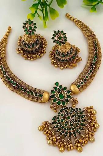 Traditional gold-plated kundan necklace set with green stones handcrafted ethnic bridal jewelry- festival & wedding wear