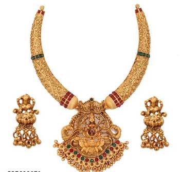 Traditional gold-plated temple necklace set with lakshmi pendant & jhumka earrings handcrafted ethnic jewelry 1