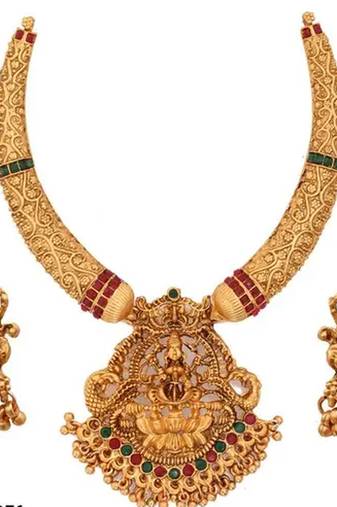 Traditional gold-plated temple necklace set with lakshmi pendant & jhumka earrings handcrafted ethnic jewelry